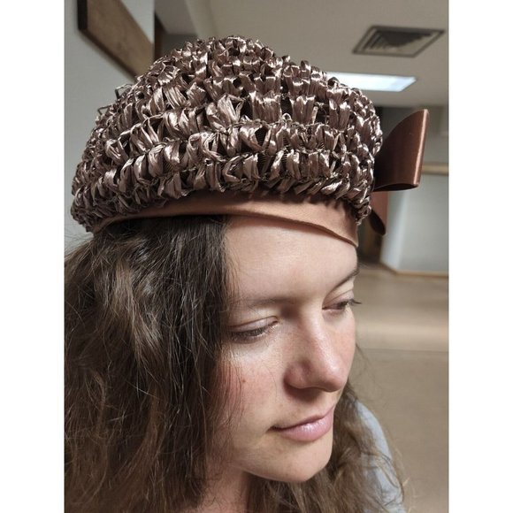 Mid Century Brown Ribbon Beret wi/Rhinestone Brooch &Bow main image 6
